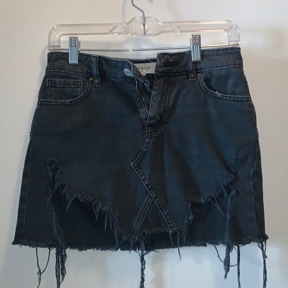 Black distressed denim skirt